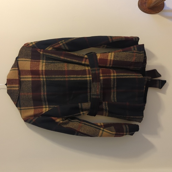 Me Jane Burgundy Tan Navy Plaid Double-Breasted Belted Women's Jacket, XL - Picture 8 of 10